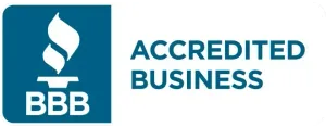 Blue BBB Accredited Business logo with white flame icon and text.