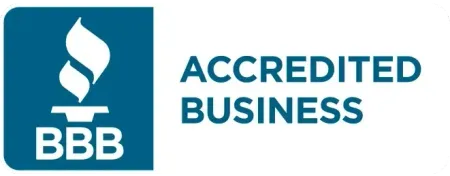 Blue BBB Accredited Business logo with white flame icon and text.