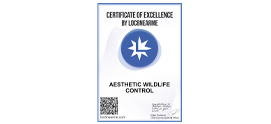 LocaNearMe Certificate of Excellence awarded to Aesthetic Wildlife Control, featuring a blue circular logo and a QR code.