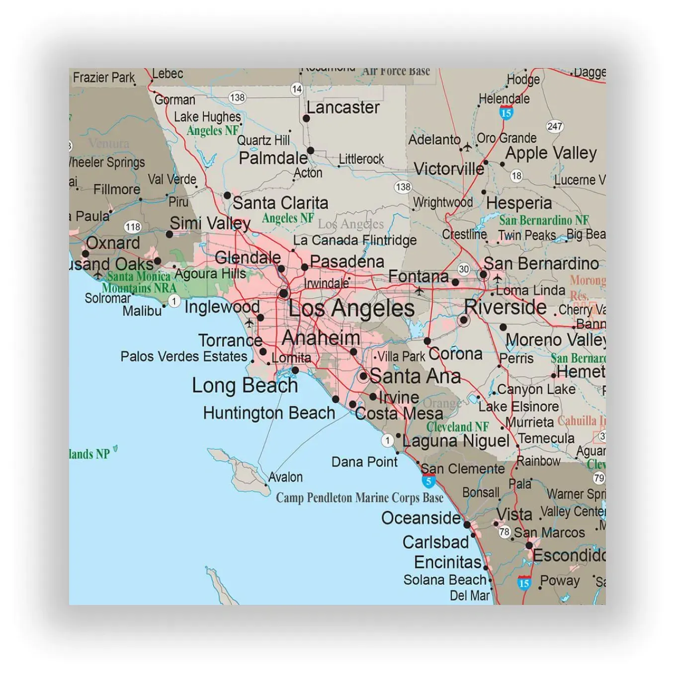 A map of Southern California showing major cities including Los Angeles, Long Beach, Anaheim, and Riverside.