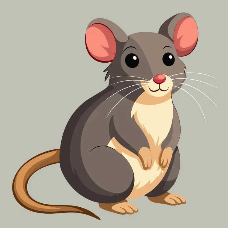 A cute cartoon mouse with gray fur, a light tan belly, and a long tail, standing against a solid gray background.