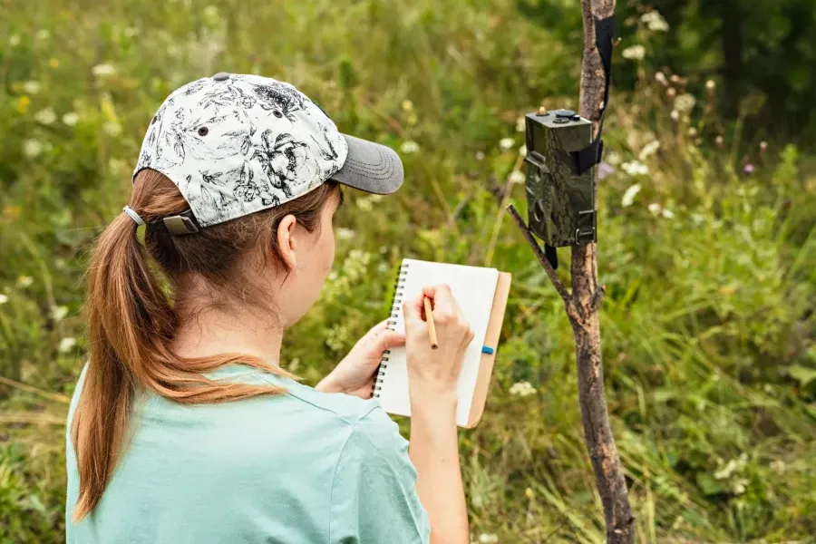 A person in a patterned cap writes in a notebook while observing a trail camera strapped to a tree in a grassy field.