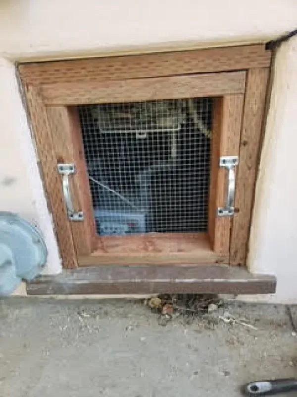 A wooden crawlspace access cover with a wire mesh screen and two metal handles, set into an exterior wall.