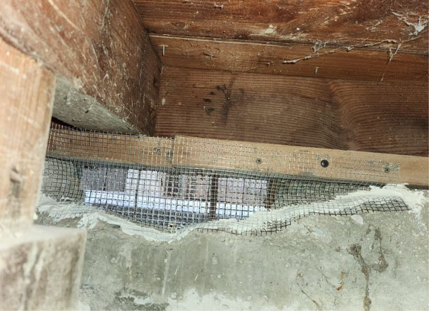 A crawlspace vent with wire mesh secured to a wooden frame and concrete foundation, viewed from underneath.