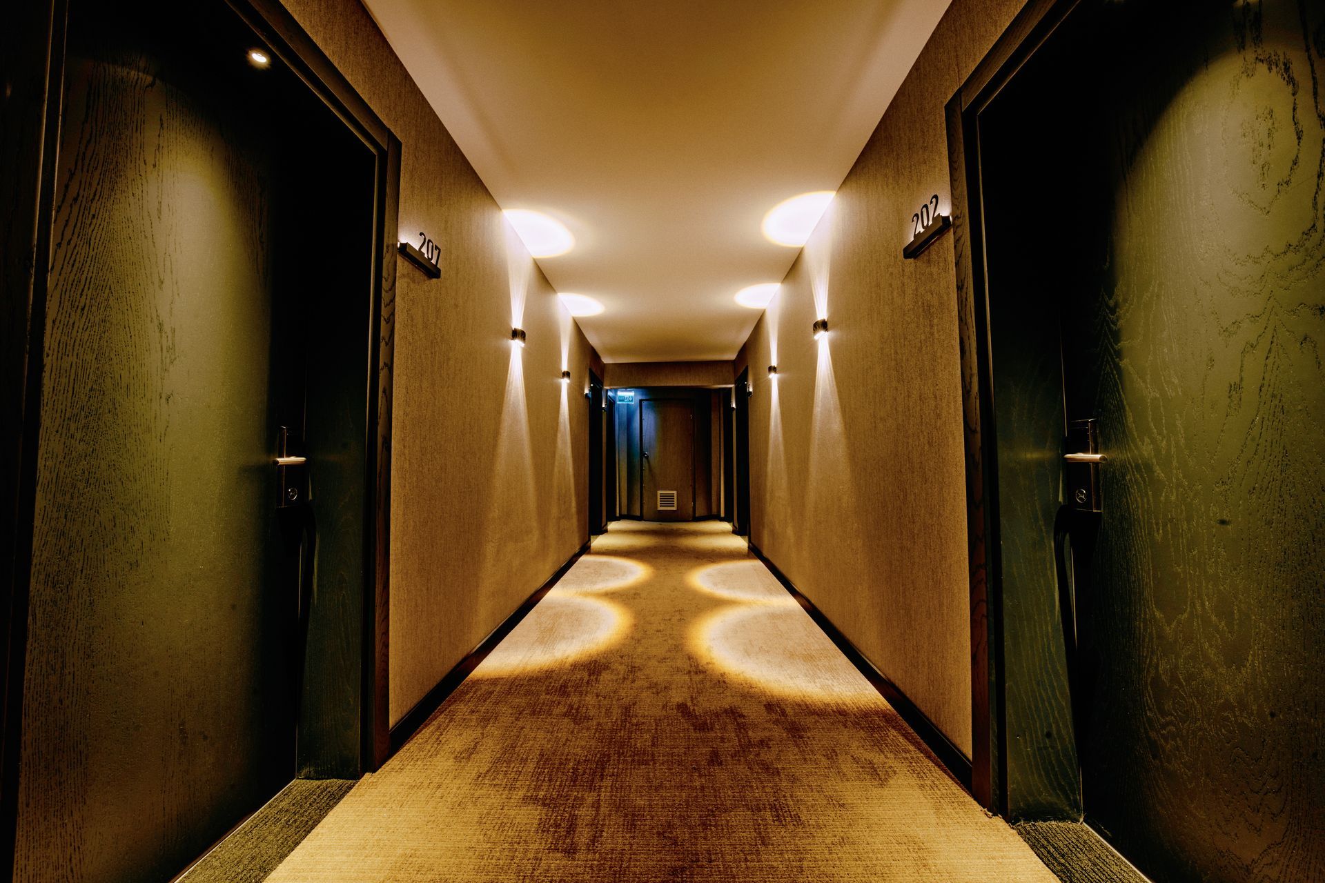 A long hallway with a carpet and a few doors