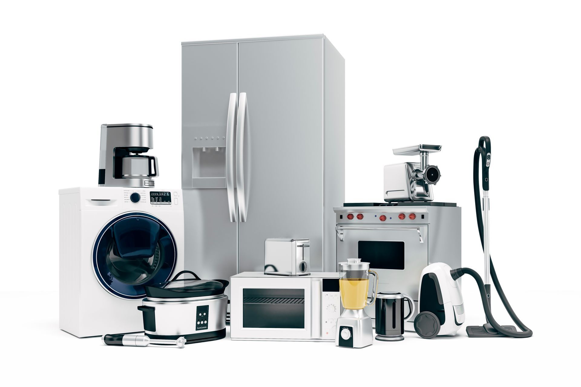 A set of second-hand home appliances on a white background.