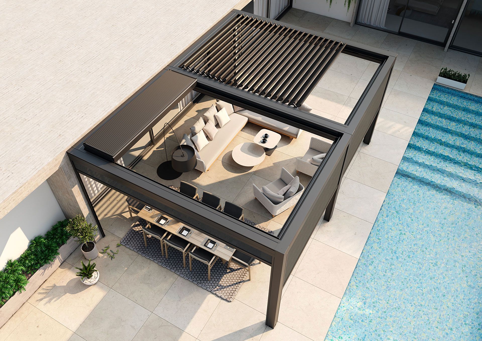 Patio esterno con posti a sedere e zona pranzo sotto un moderno pergolato accanto alla piscina.