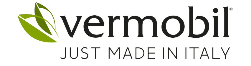 Logo dell'azienda di arredamento Vermobil con l'icona di una foglia e la scritta: "JUST MADE IN ITALY".