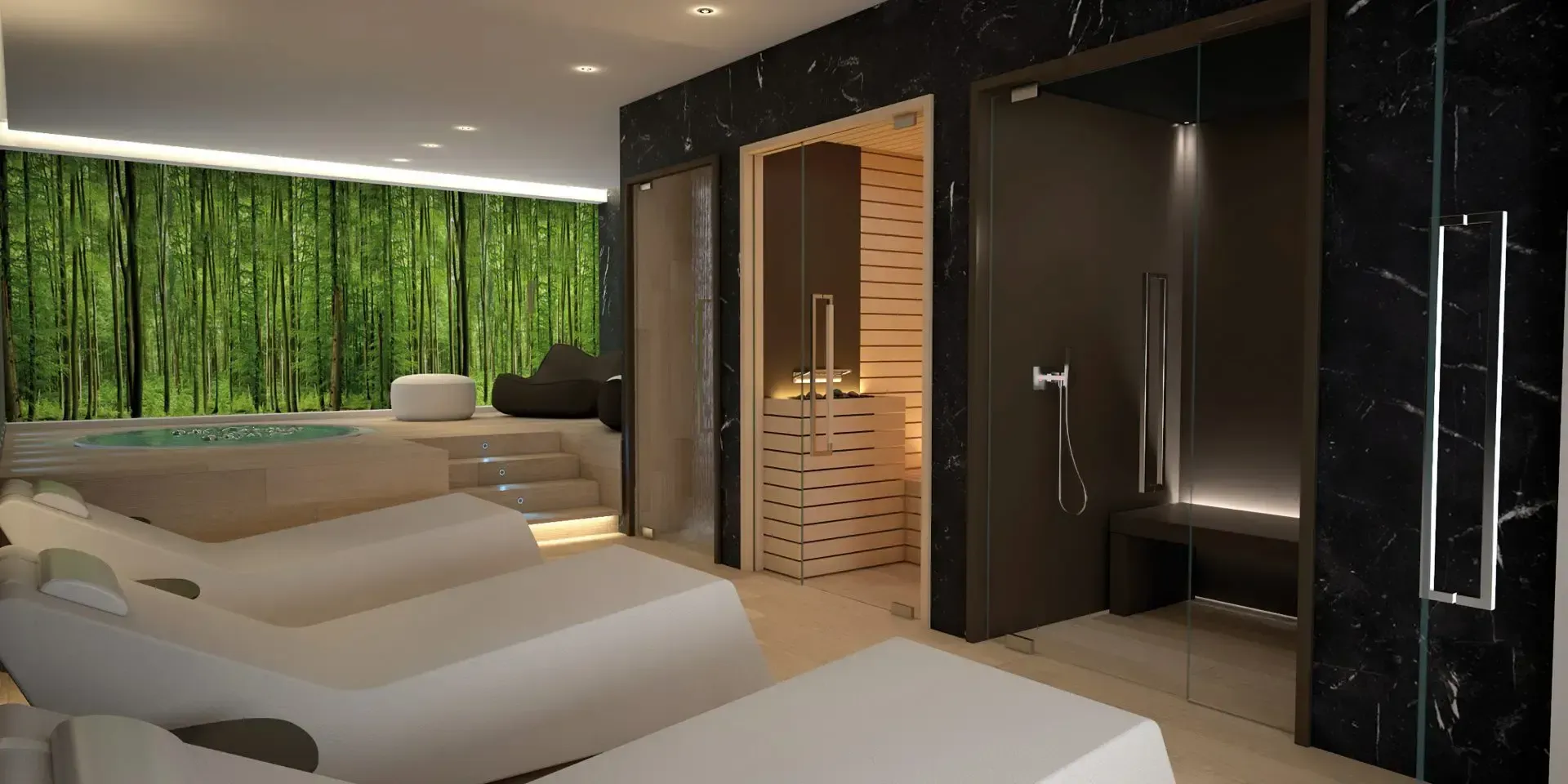 Interno della spa con sedie a sdraio, vasca idromassaggio e sauna, con una foresta di bambù sullo sfondo.