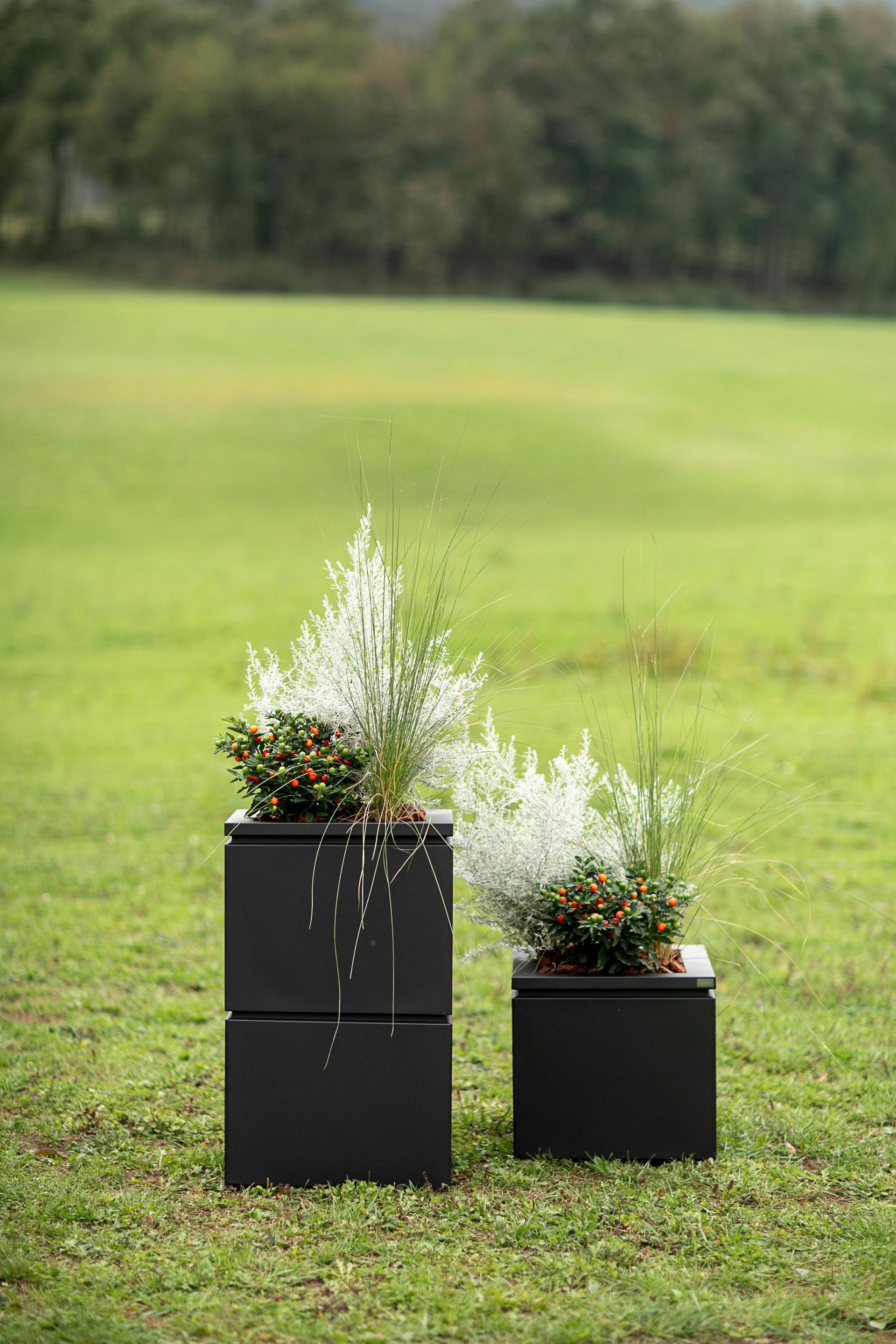 Vasi quadrati neri con piante in un campo erboso. Due sono impilati, uno è singolo.