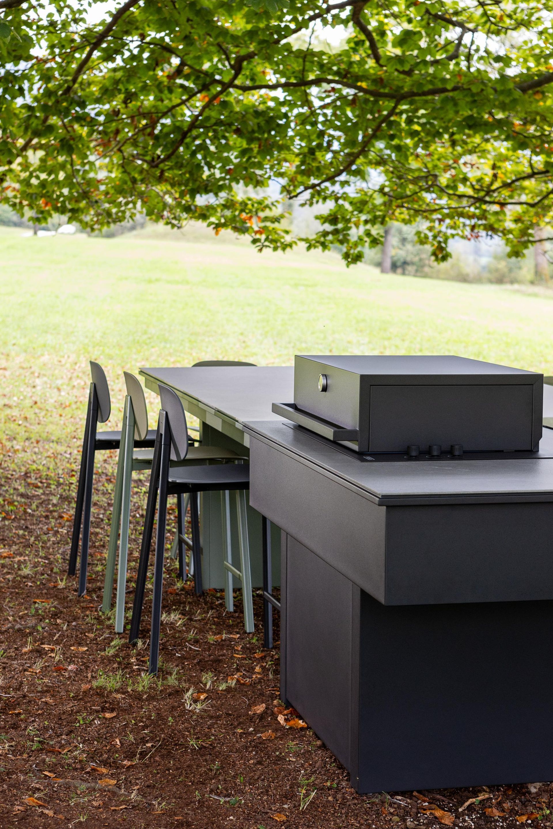 Barbecue nero all'aperto e tavolo con posti a sedere, sotto un albero su una collina erbosa.
