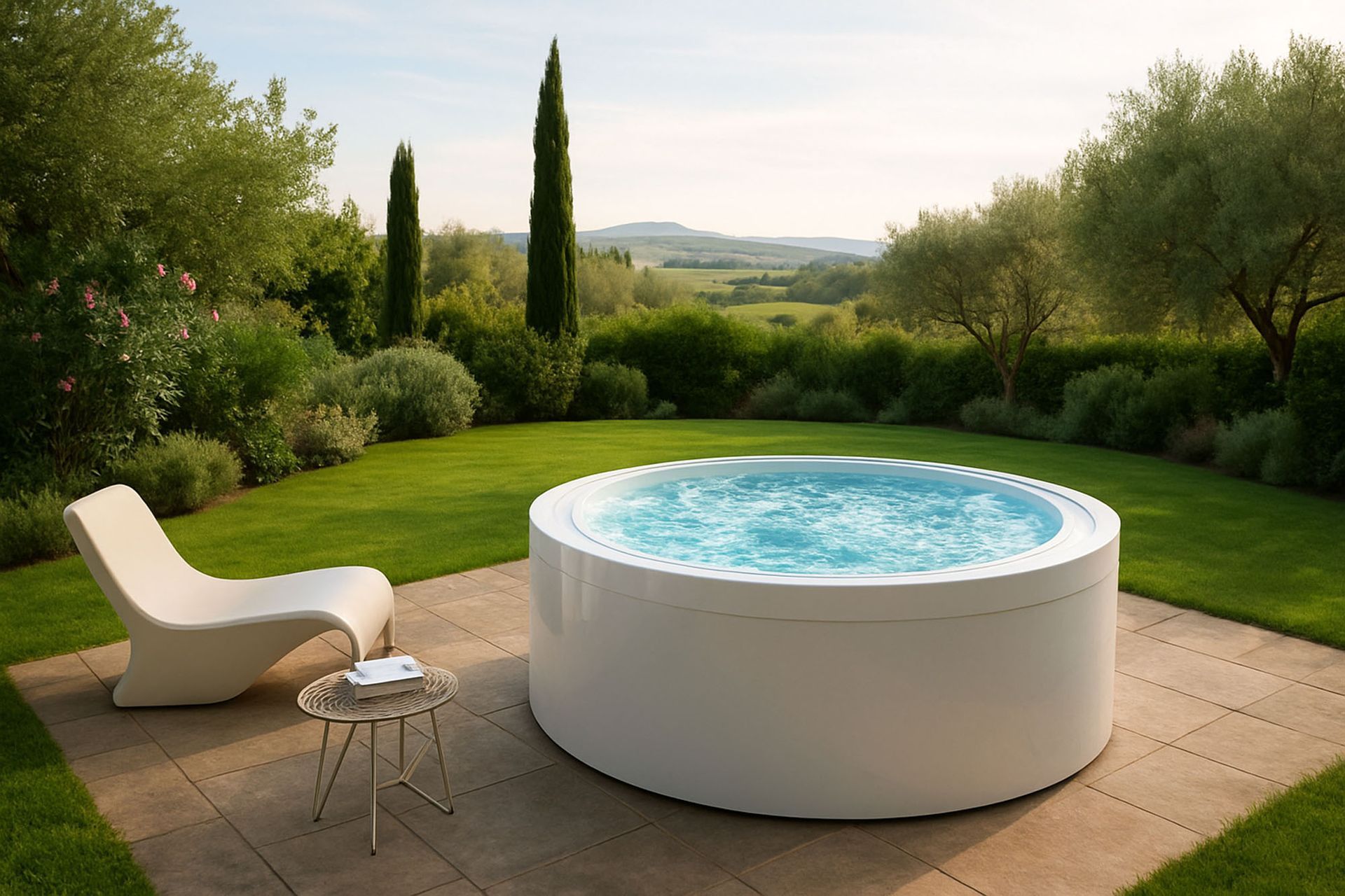 Vasca idromassaggio rotonda bianca sul patio, sedia nelle vicinanze, pittoresco cortile verde e colline sullo sfondo.