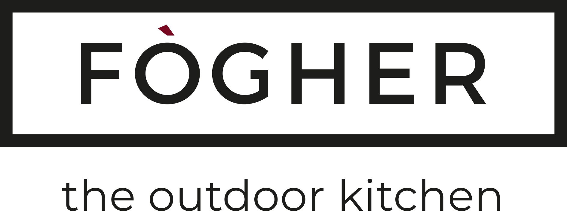 Logo per FOGHER, la cucina da esterno, in bianco e nero con un punto rosso sulla lettera O.