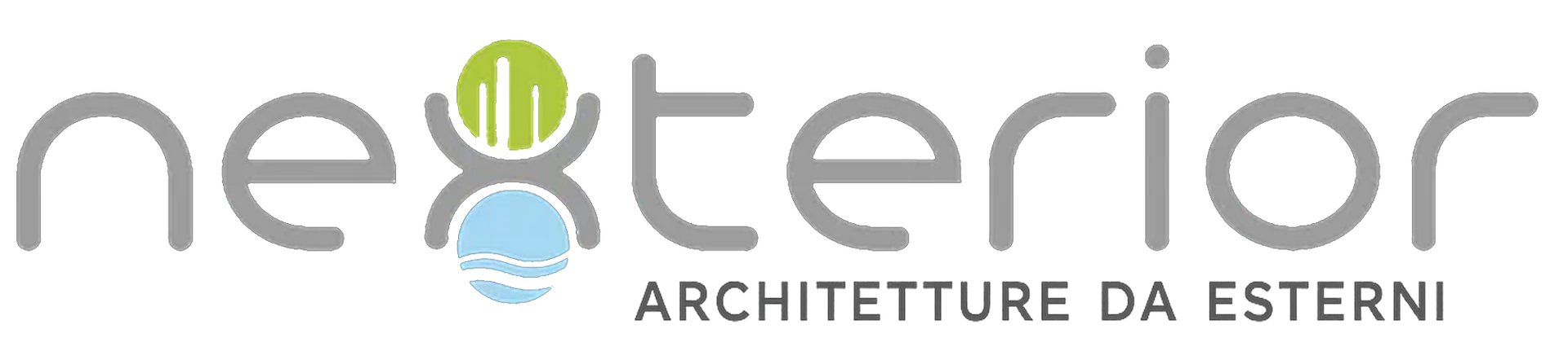 Logo per "nextterior", architettura vista dall'esterno, testo grigio e icona colorata.