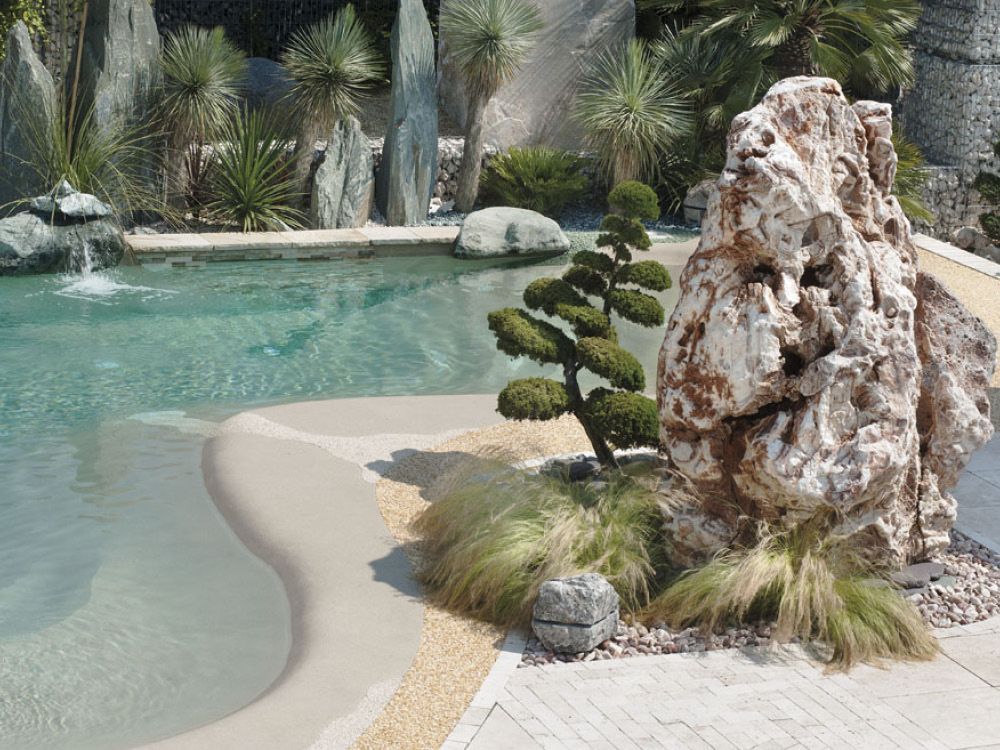 Una piscina paesaggistica con acqua chiara, rocce e un piccolo albero sagomato.