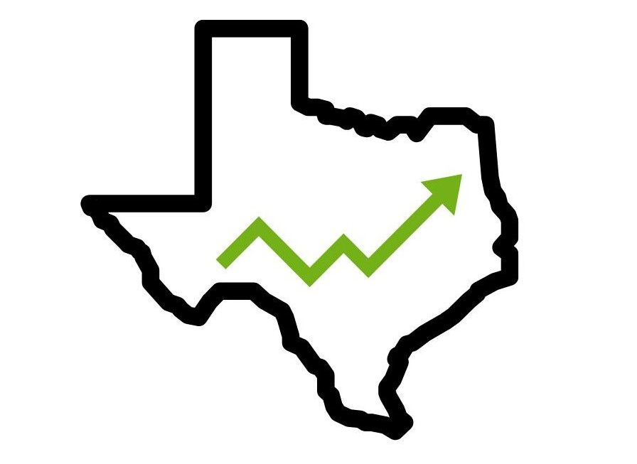 Black outline of Texas with a green upward-trending line and arrow inside
