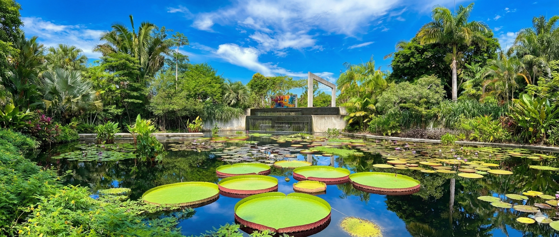 Pond with giant lily pads and lush greenery, under a vibrant blue sky with fluffy clouds.