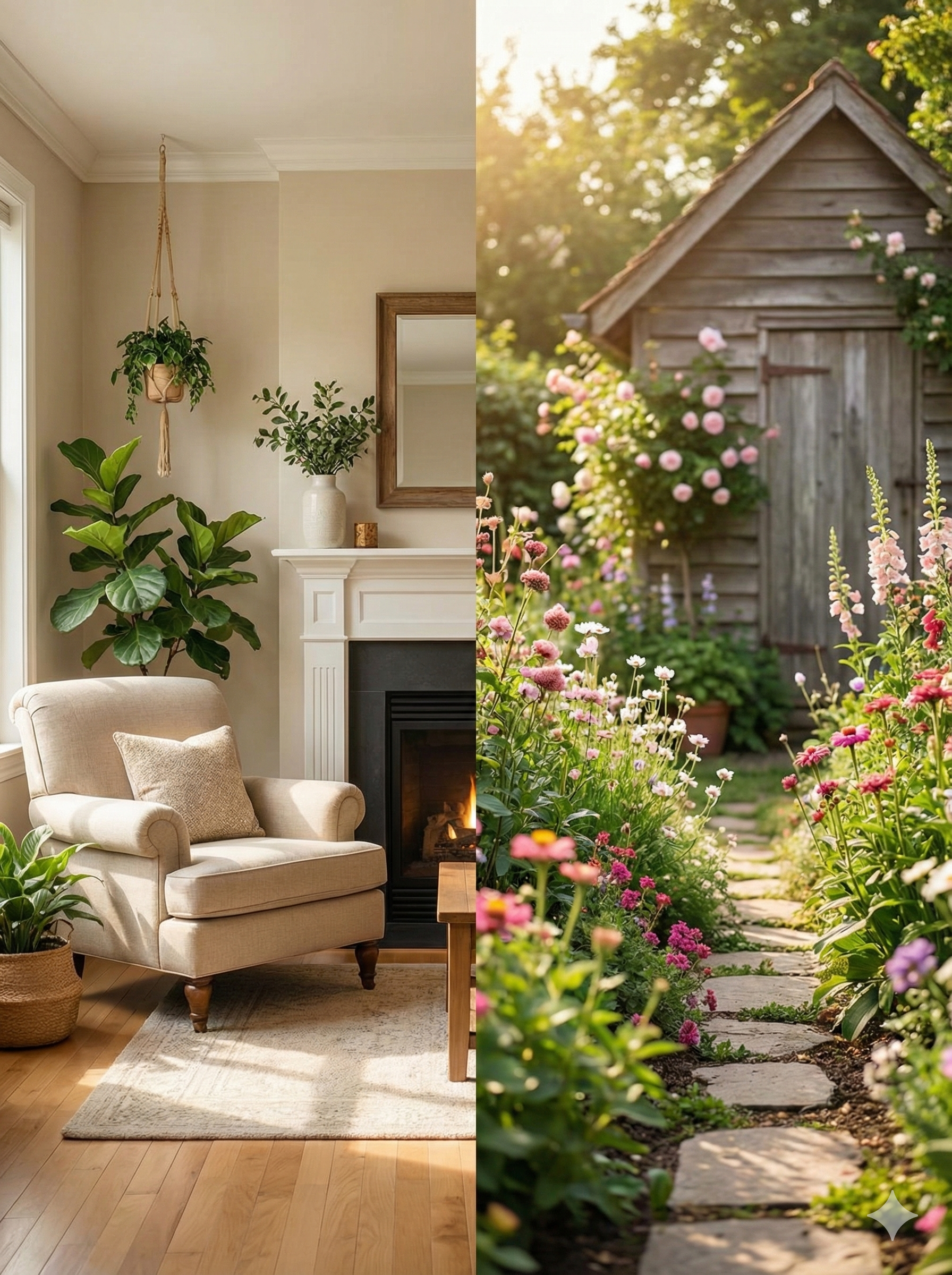 Cozy living room with fireplace and armchair juxtaposed with a sunlit garden path and shed.