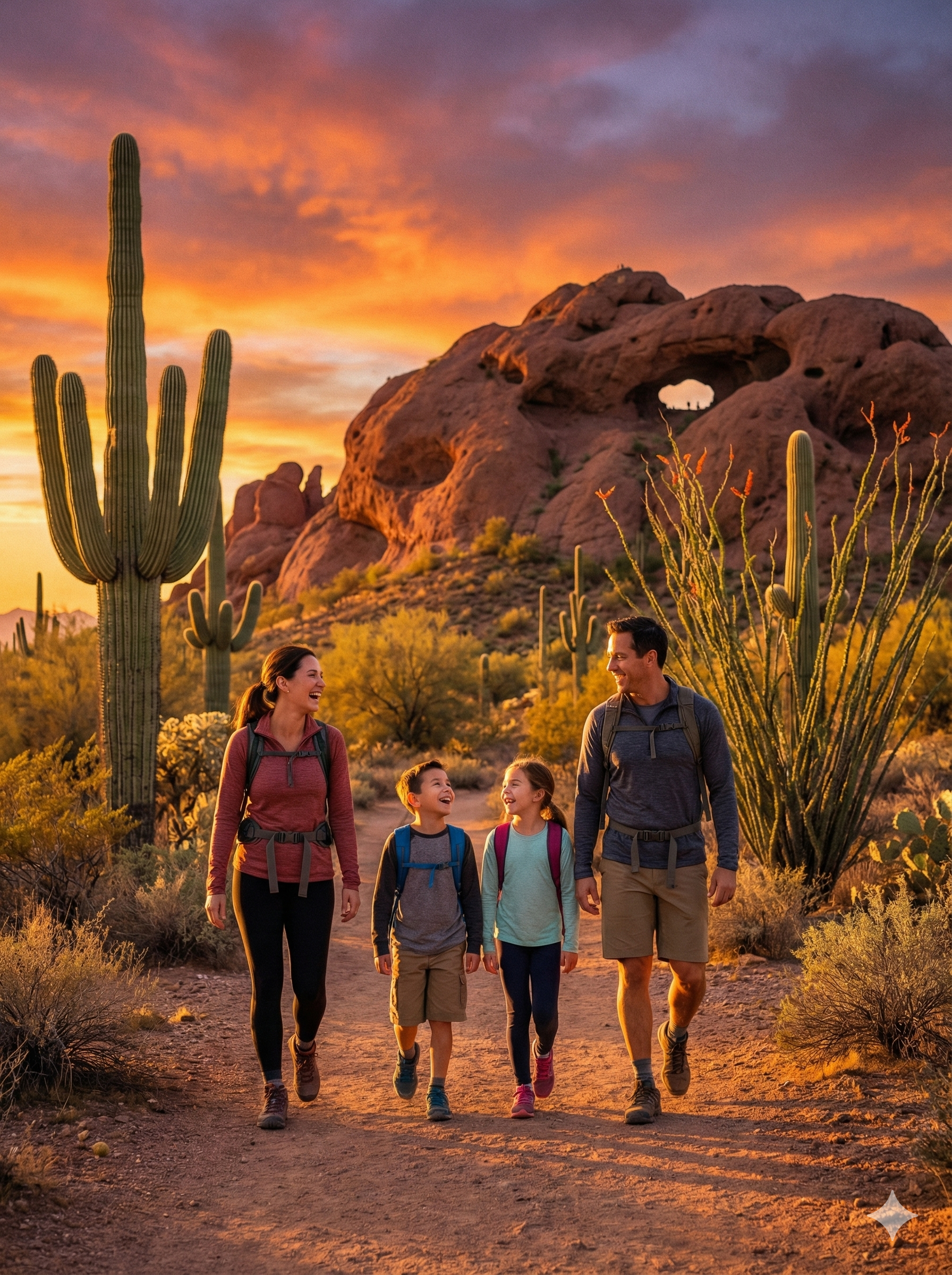Family hiking in desert landscape at sunset, surrounded by cacti and rock formations.