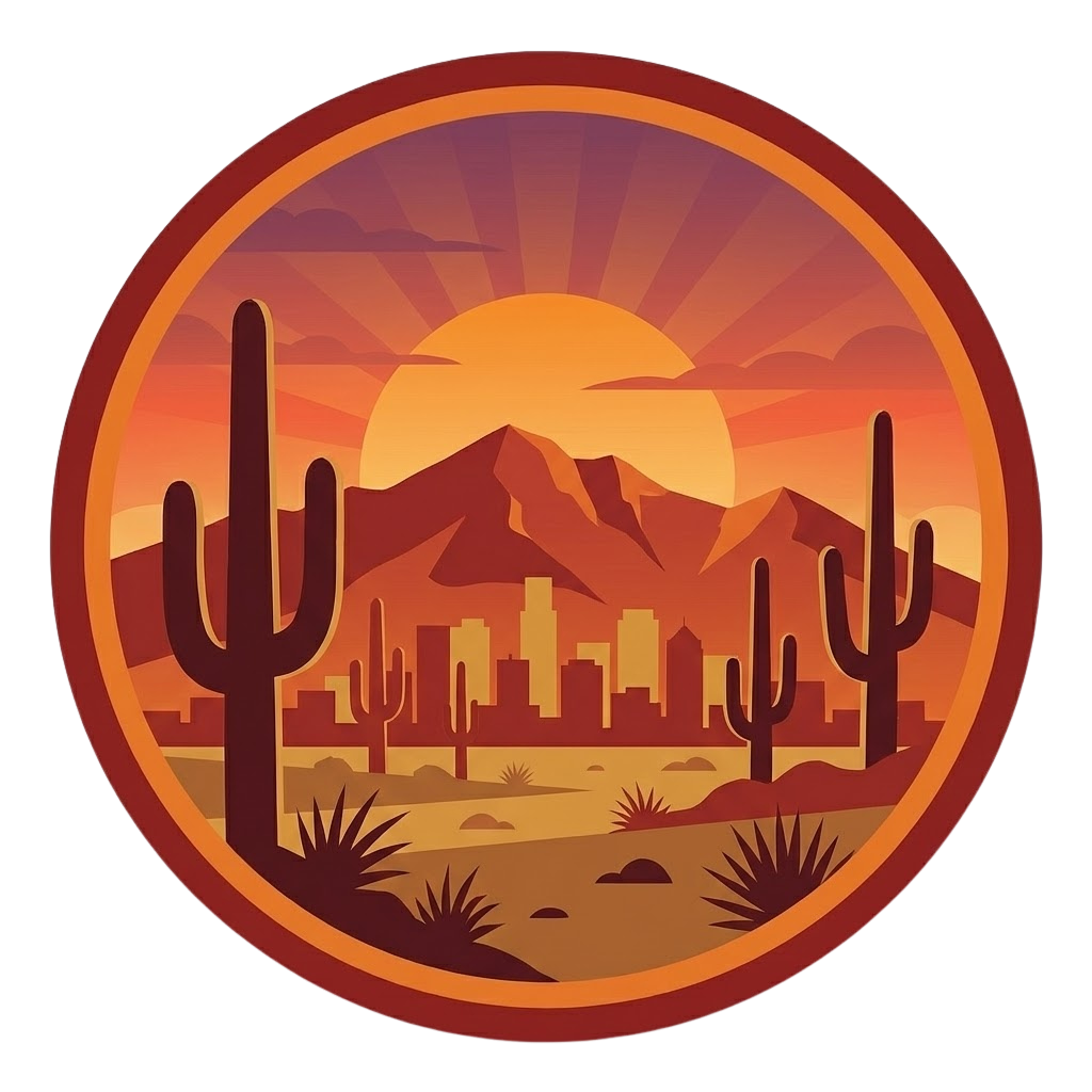 Lighthouse and palm trees on an island, pier, sunset, ocean, and bridge inside a teal circle.