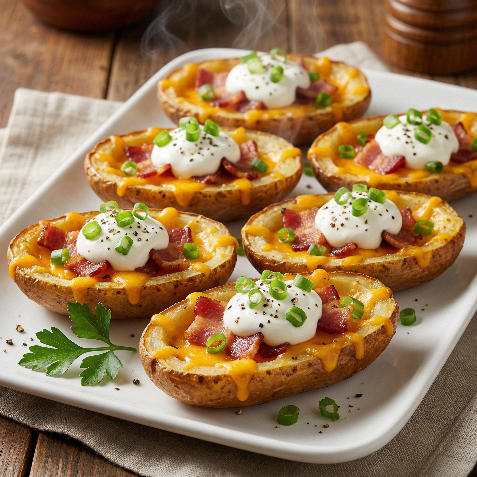 Potato skins with cheese, bacon, sour cream, and green onions on a white plate.