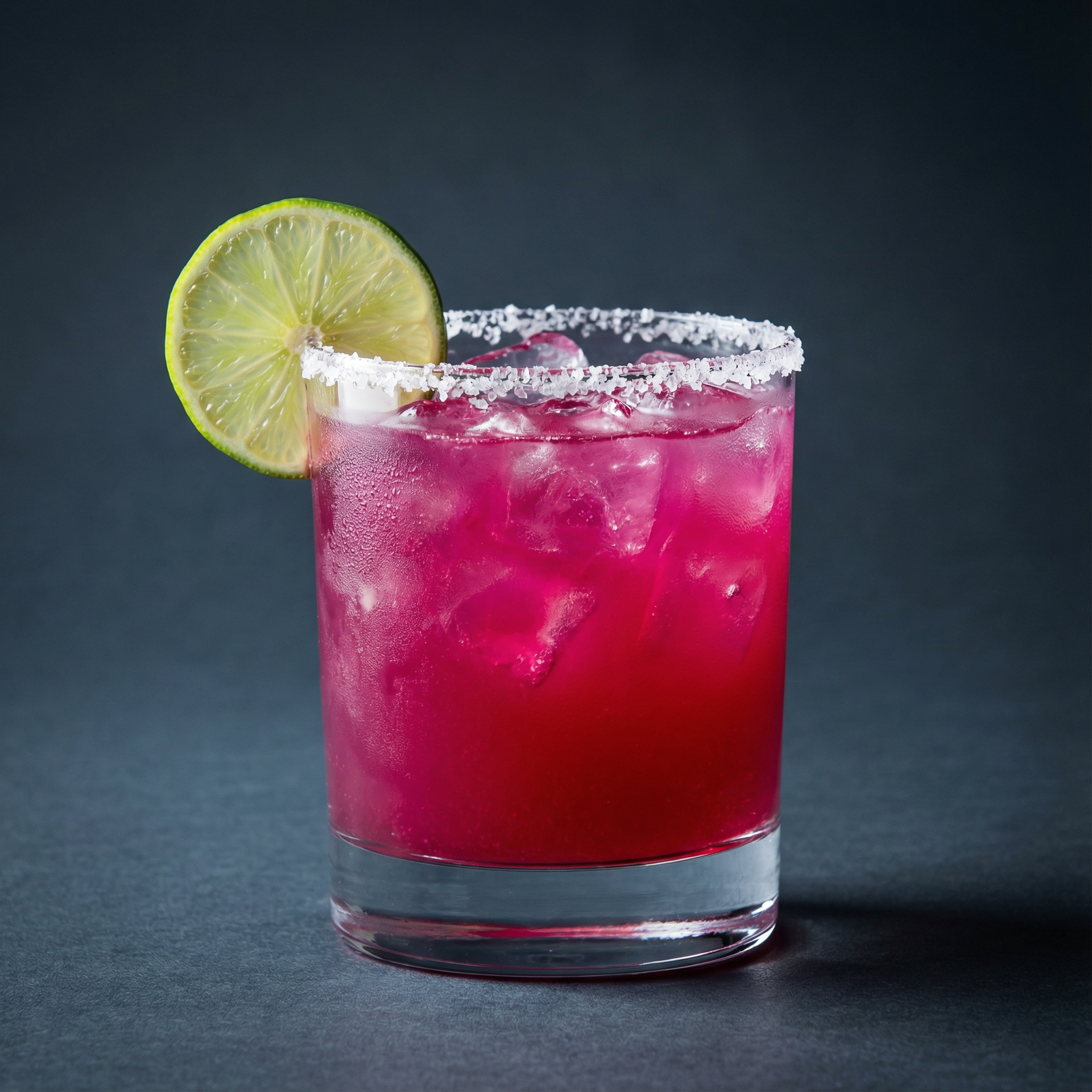 Pink cocktail in a salt-rimmed glass with lime garnish, ice, on a dark surface.