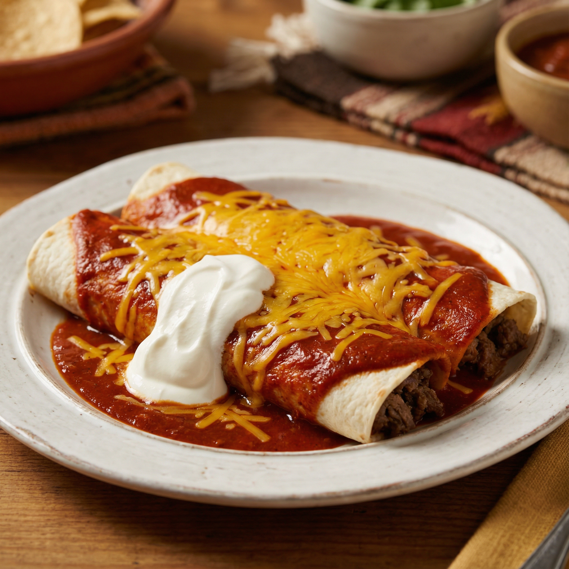 Enchiladas with red sauce, melted cheese, and sour cream on a white plate.