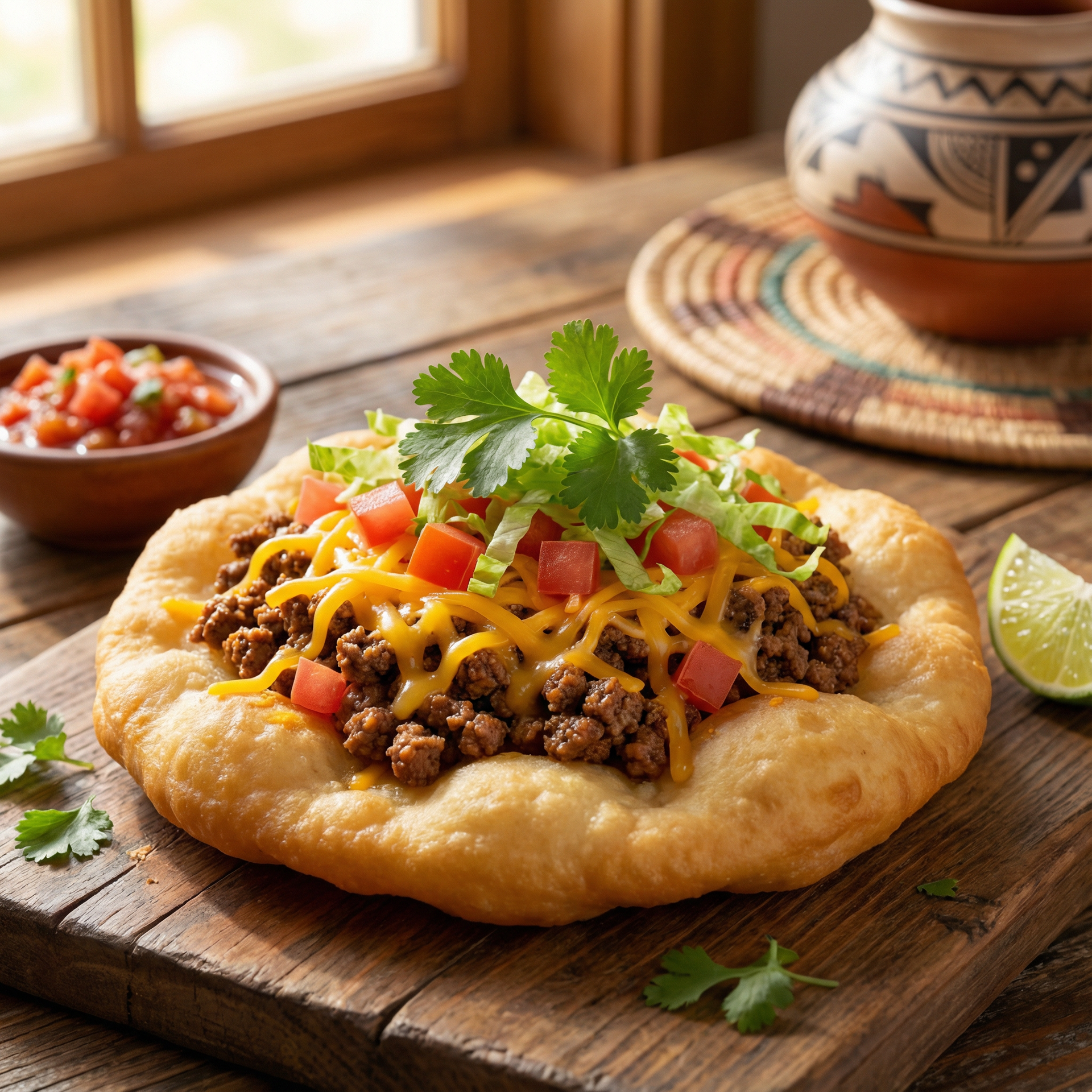 Frybread topped with ground beef, cheese, tomatoes, and lettuce. Salsa and lime on the side.