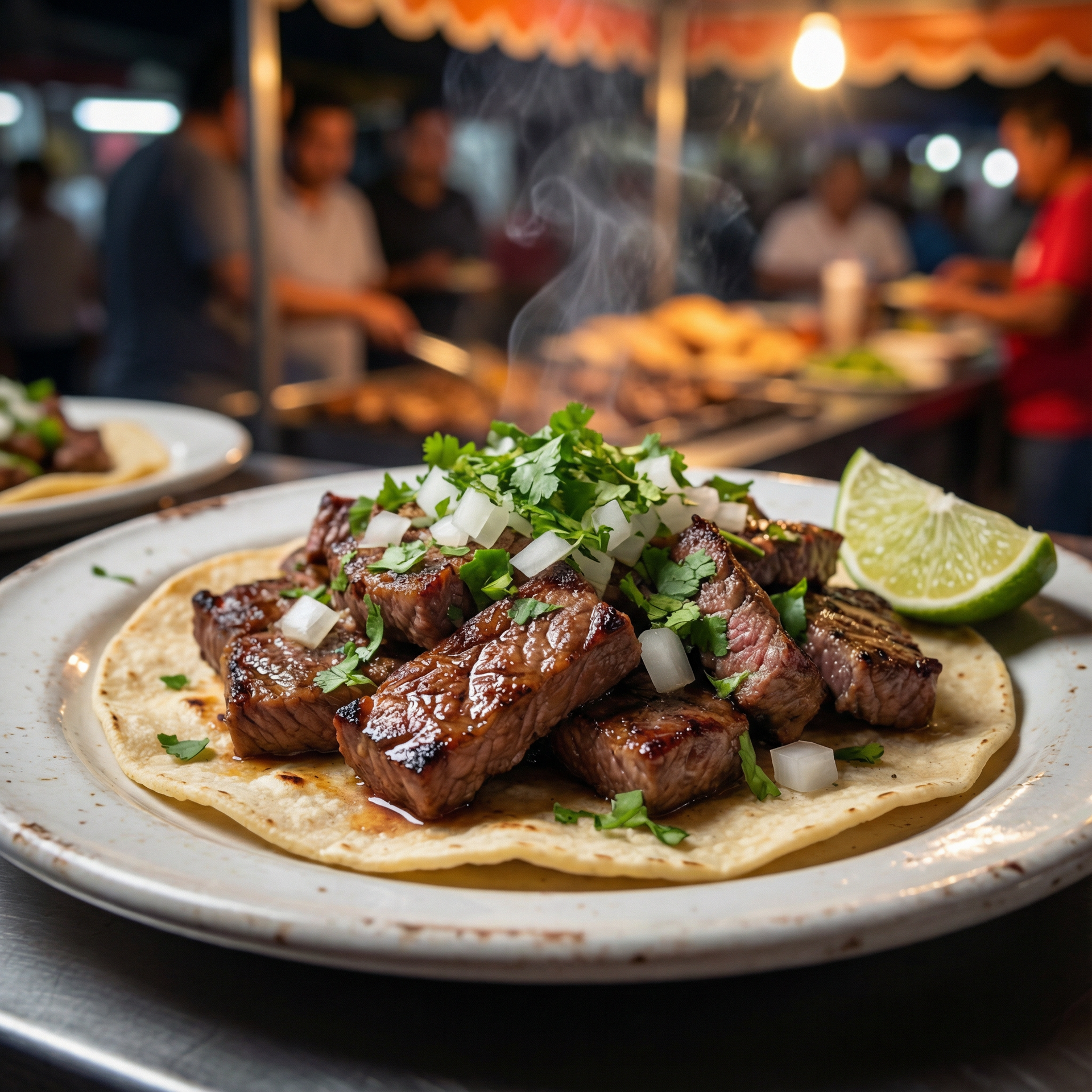 Taco with grilled meat, cilantro, and onions on a tortilla; lime wedge. Food stall with people in background.