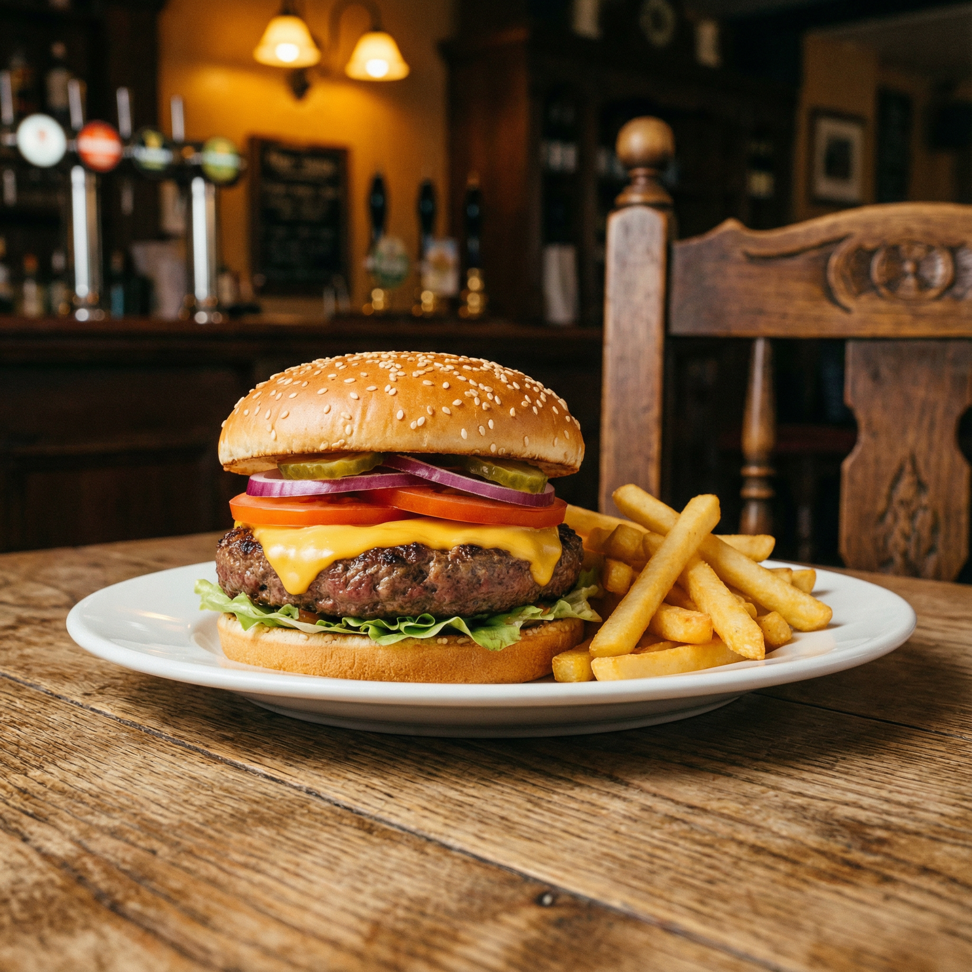 Cheeseburger with fries on a plate at a pub, wooden table.