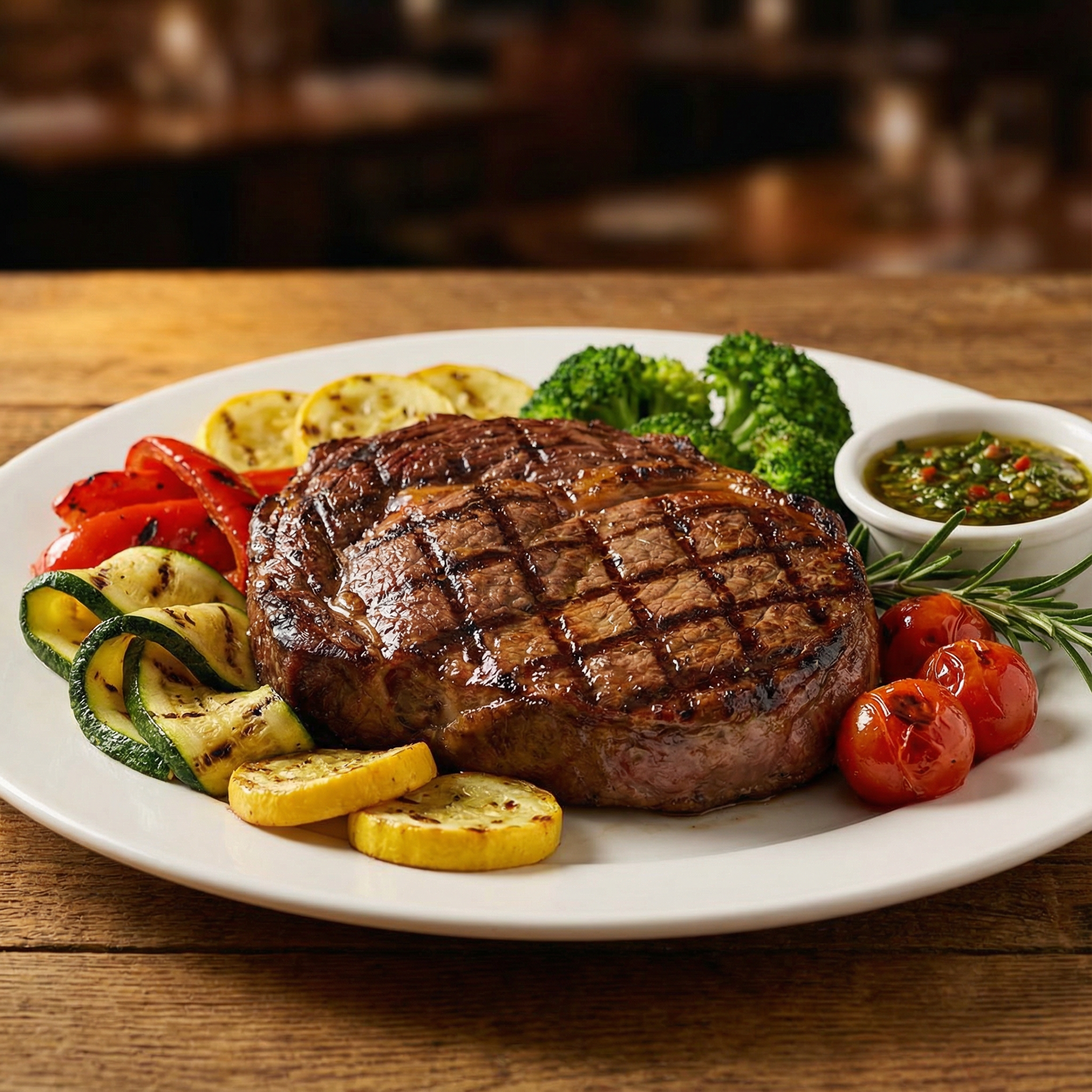Grilled steak with grilled vegetables, sauce, and herbs on a white plate.