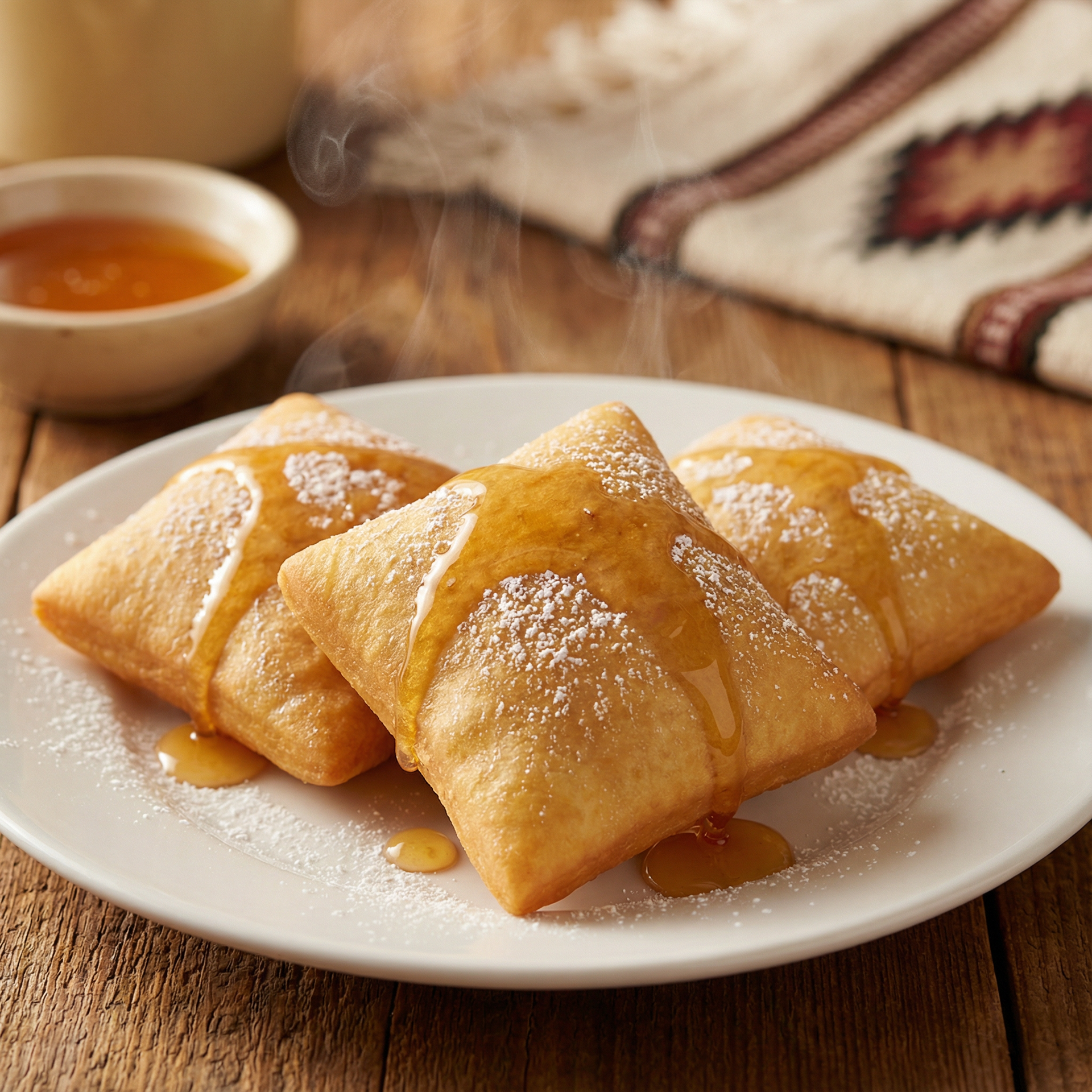 Three golden-brown fried dough pastries on a plate, drizzled with syrup and sprinkled with powdered sugar.