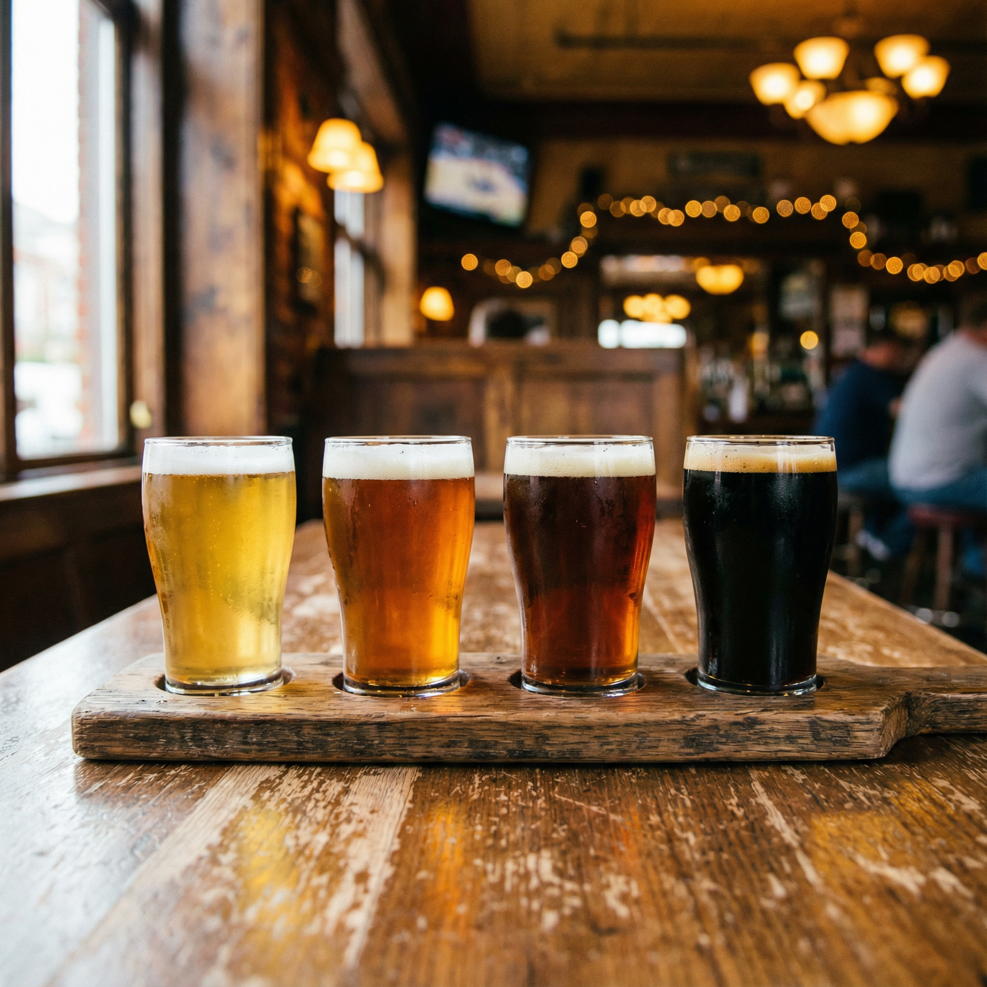 Four beer glasses of varying colors on a wooden tray in a pub setting.