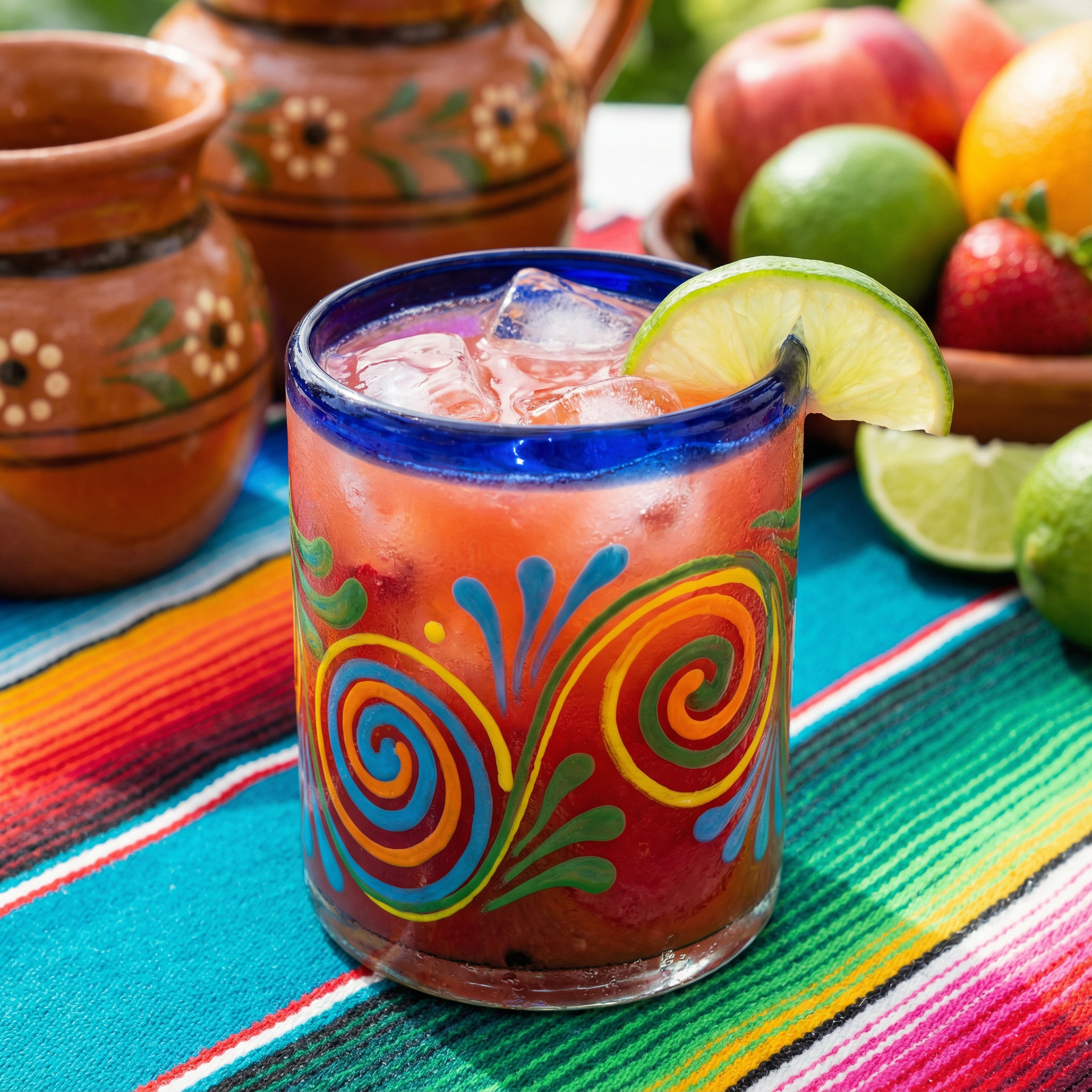 Glass of red cocktail with lime slice, ice, and colorful patterns on a Mexican-style table setting.