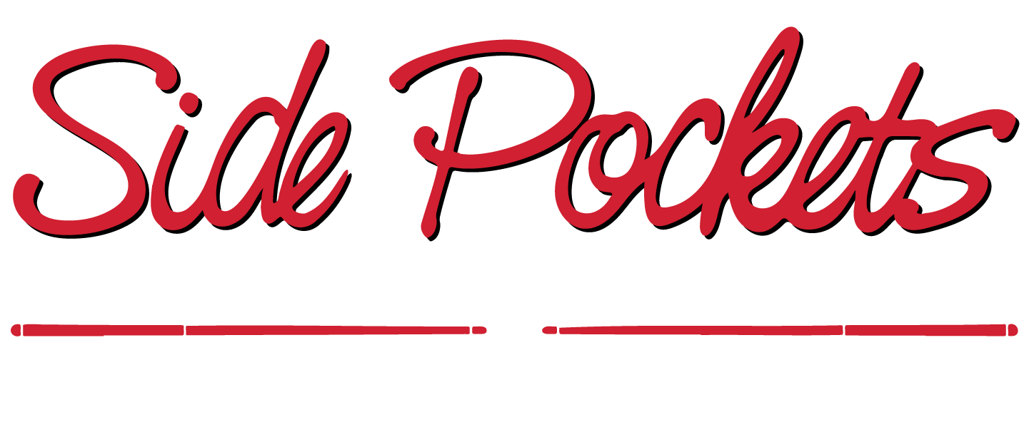 The word side pockets is written in red on a white background.