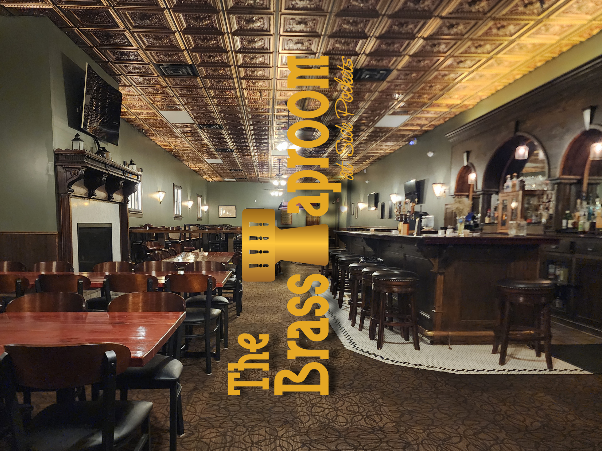 Click to go to The Brass Taproom The Brass Taproom interior. Bar with stools, tables and chairs, decorative ceiling.