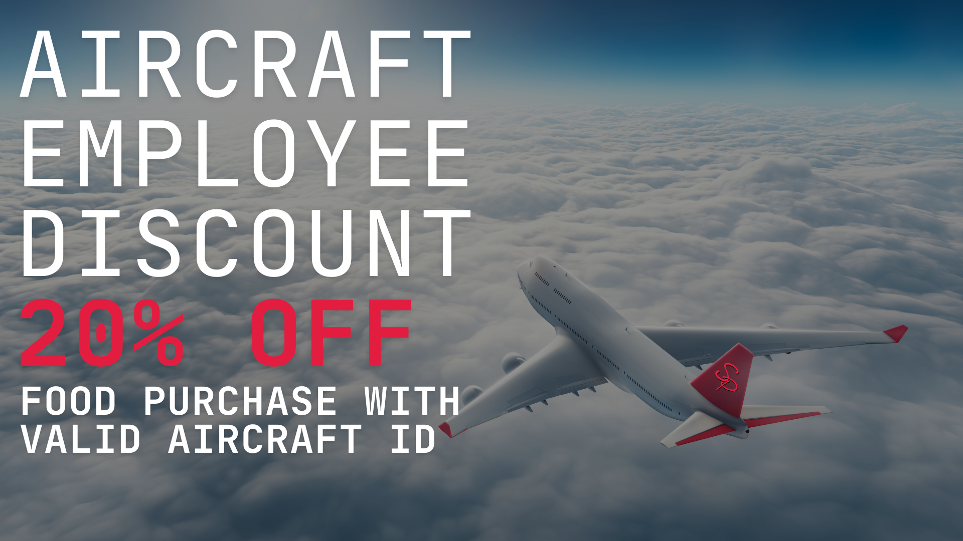 An advertisement for an aircraft employee discount with a plane flying through the clouds at Side Pockets Wichita