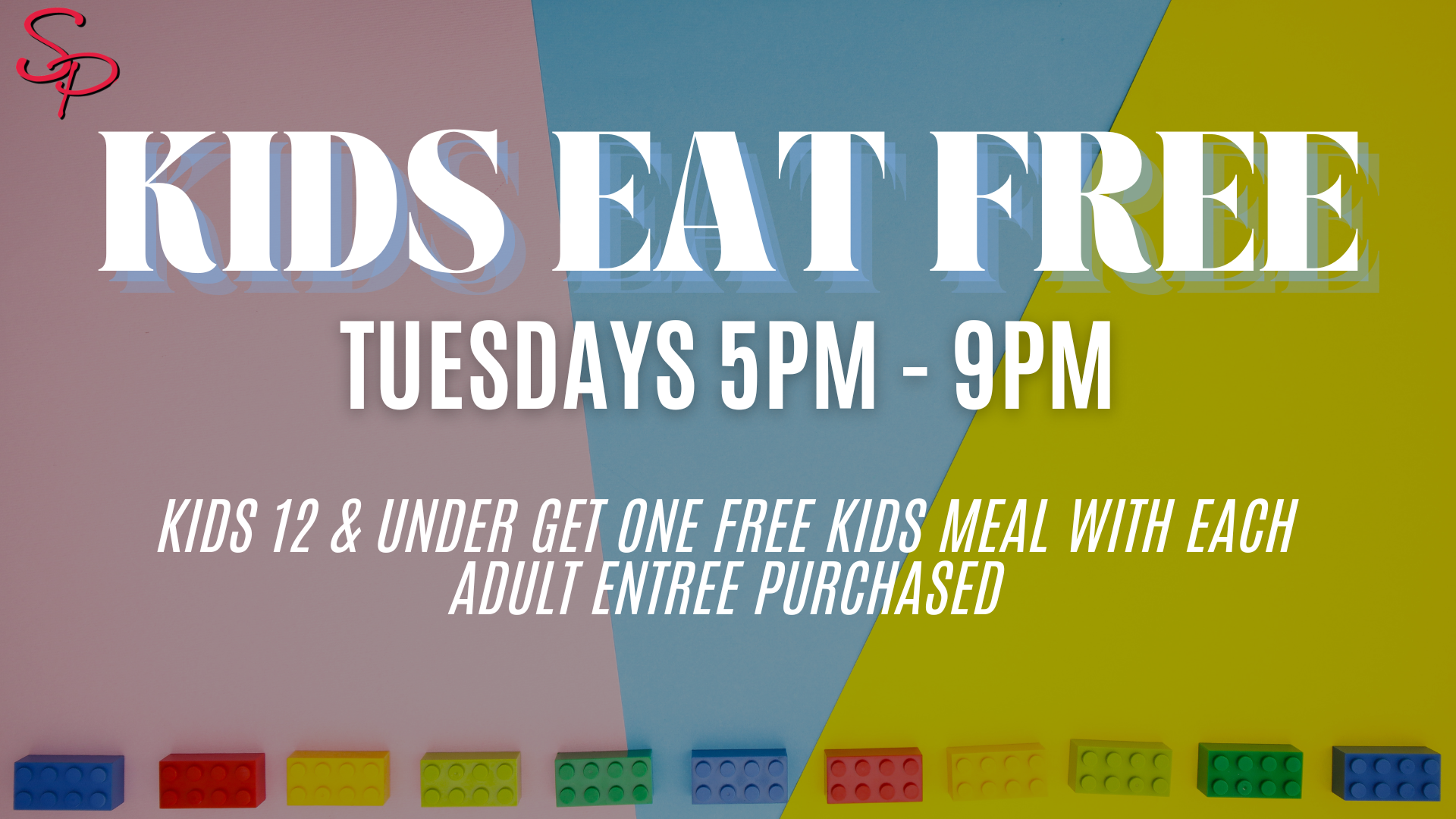 A sign that says kids eat free tuesdays 5 pm - 9 pm at Side Pockets Wichita
