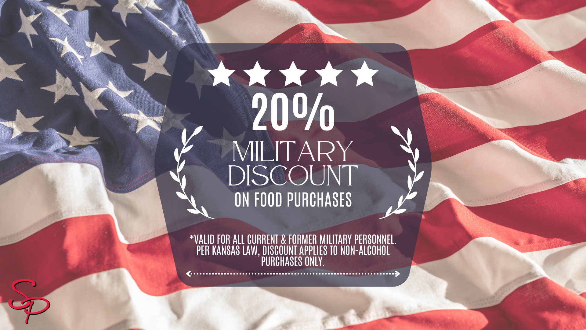 An american flag with a military discount on food purchases at Side Pockets Wichita