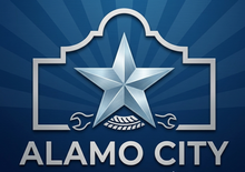 Alamo City logo with silver star on blue background and radiating rays
