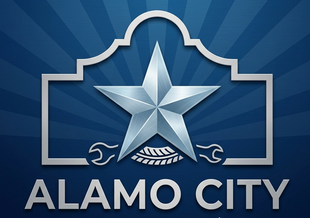 Alamo City logo with silver star on blue background and radiating rays