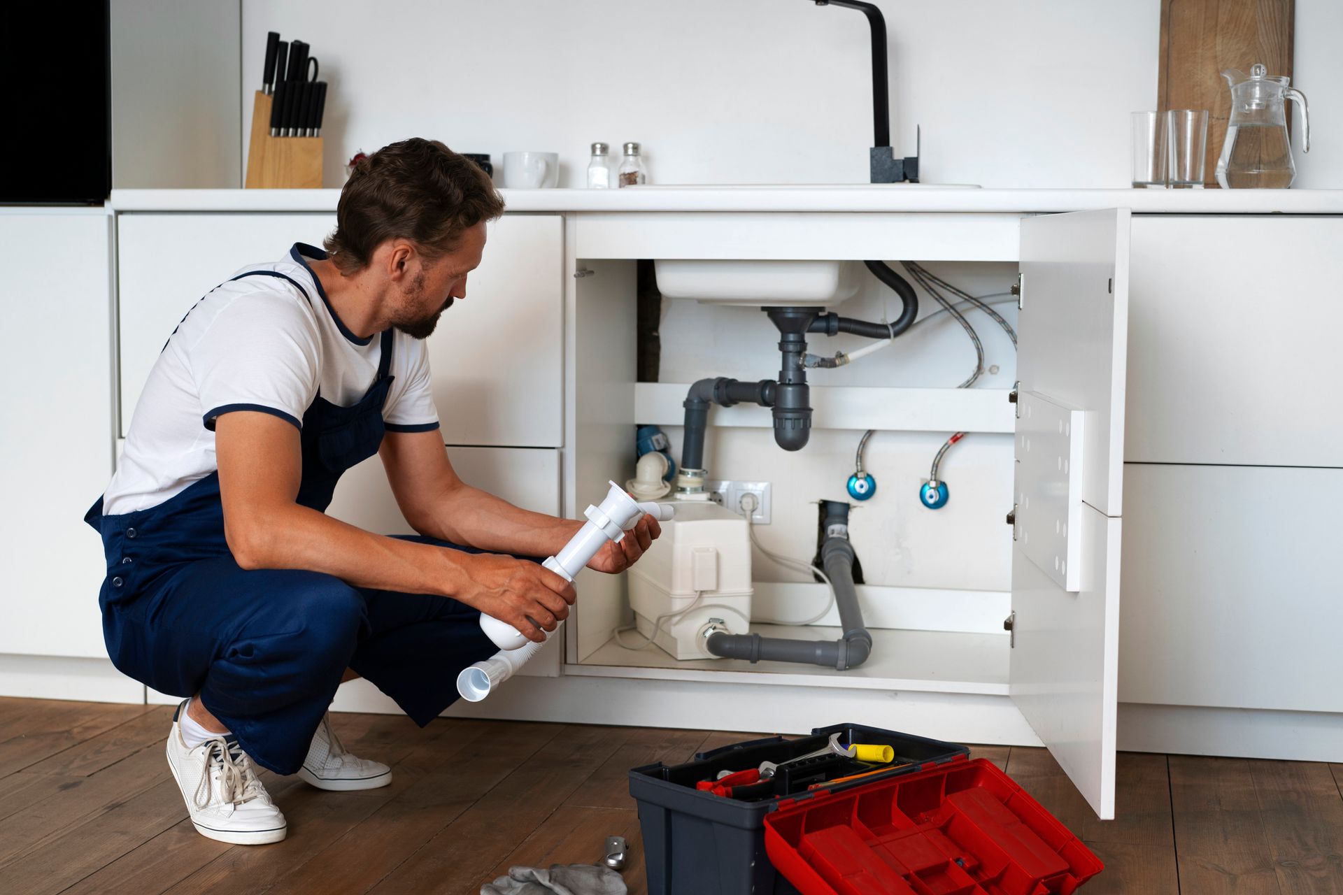Plumber working under a kitchen sink, examining a pipe. He's wearing overalls and holding a tool. A toolbox sits open.