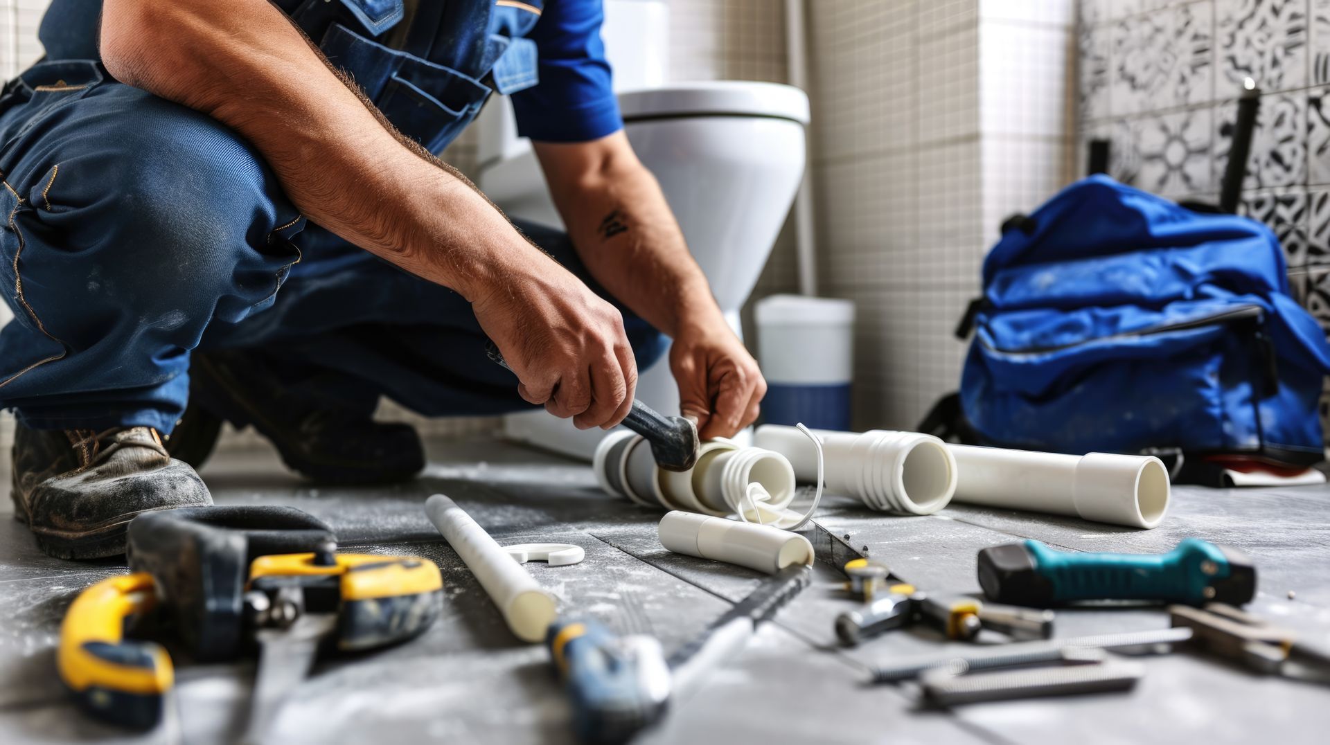 Plumber kneeling, working on pipes in a bathroom. Tools and blue tool bag are visible.