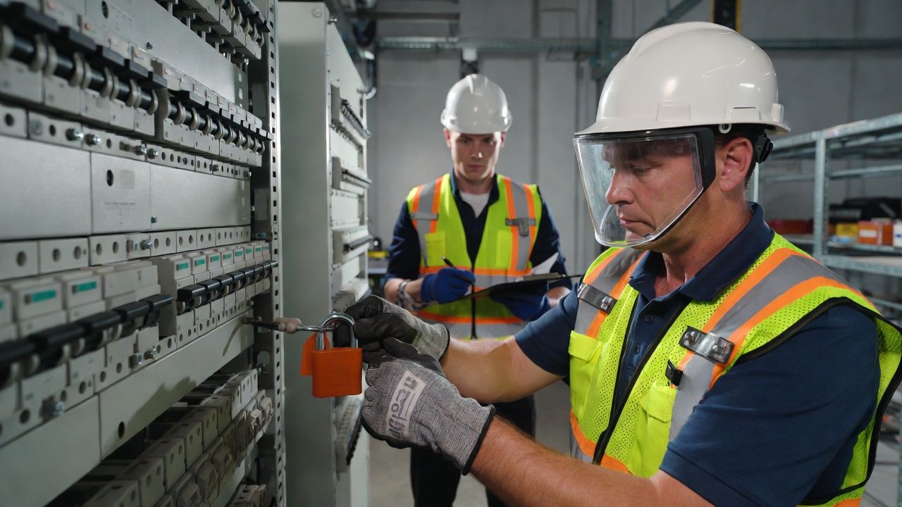 Two electricians working on an electrical panel. One locks it; the other takes notes. Both wear safety gear.
