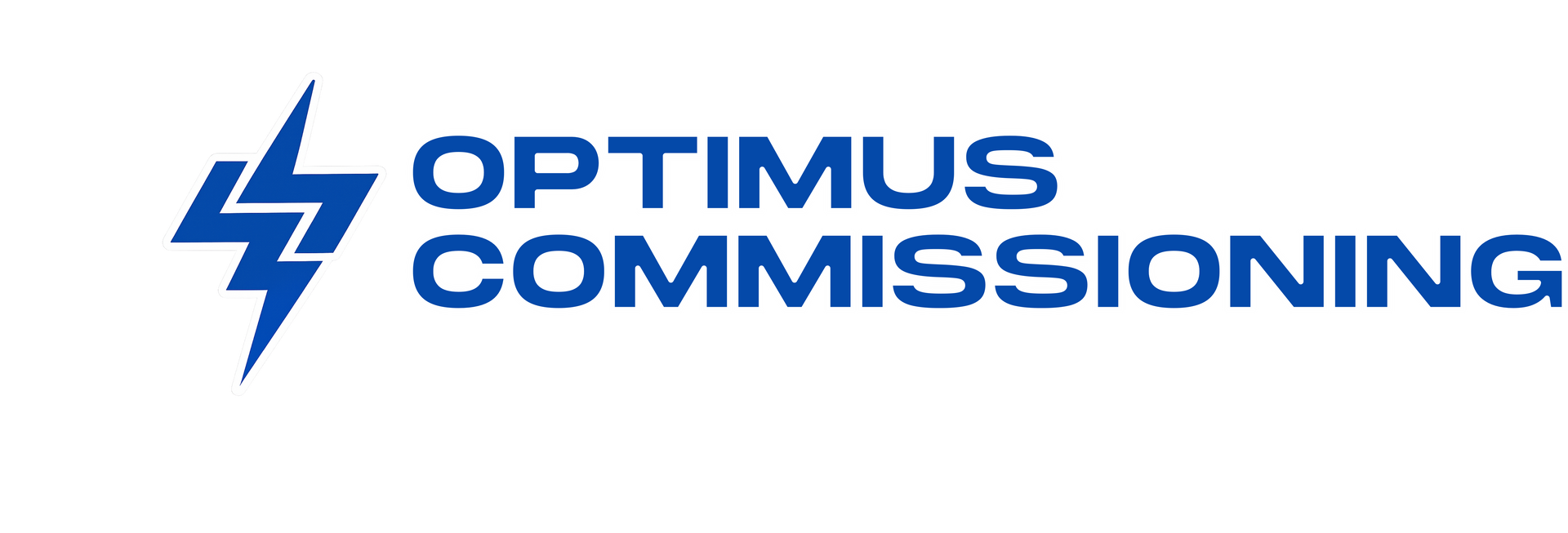 Logo for Optimus Commissioning. A blue lightning bolt with the company name in blue text.