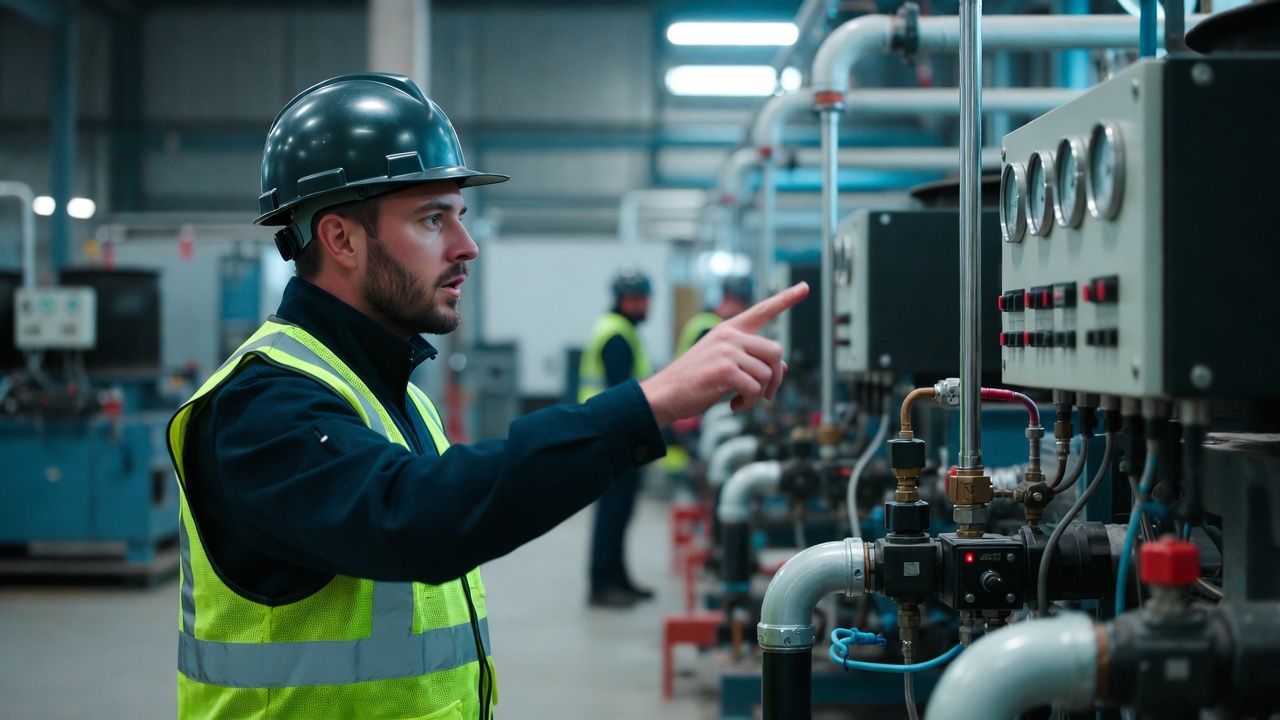 Man in hard hat and vest points at machinery in a facility; another worker in the background.