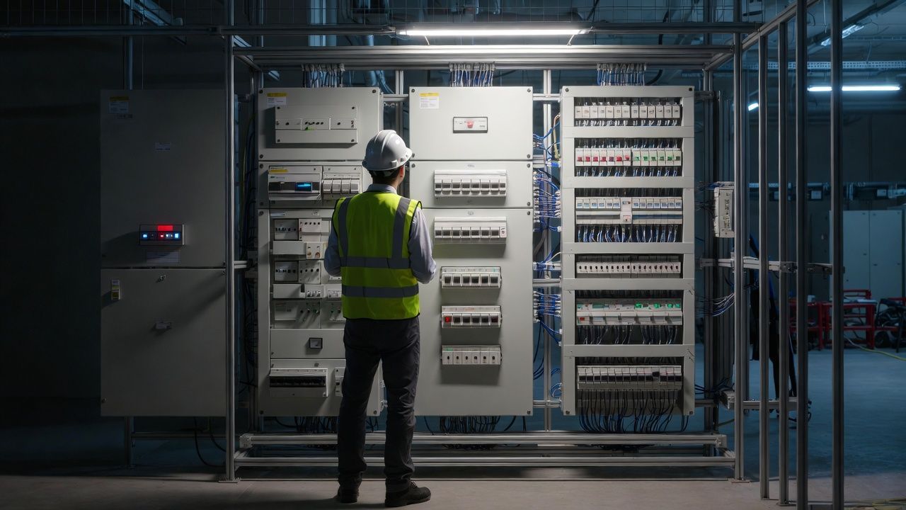 Electrician in safety vest and hard hat examines a control panel in an industrial setting.