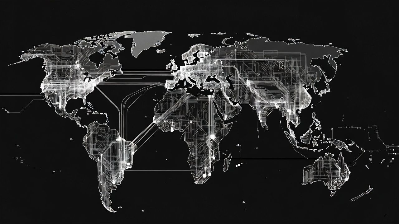 World map rendered in glowing white lines, highlighting interconnected networks against a black background.