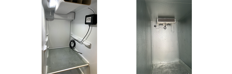 A picture of a room with a shelf and a picture of a room with a door.