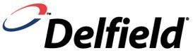 A close up of a delfield logo on a white background